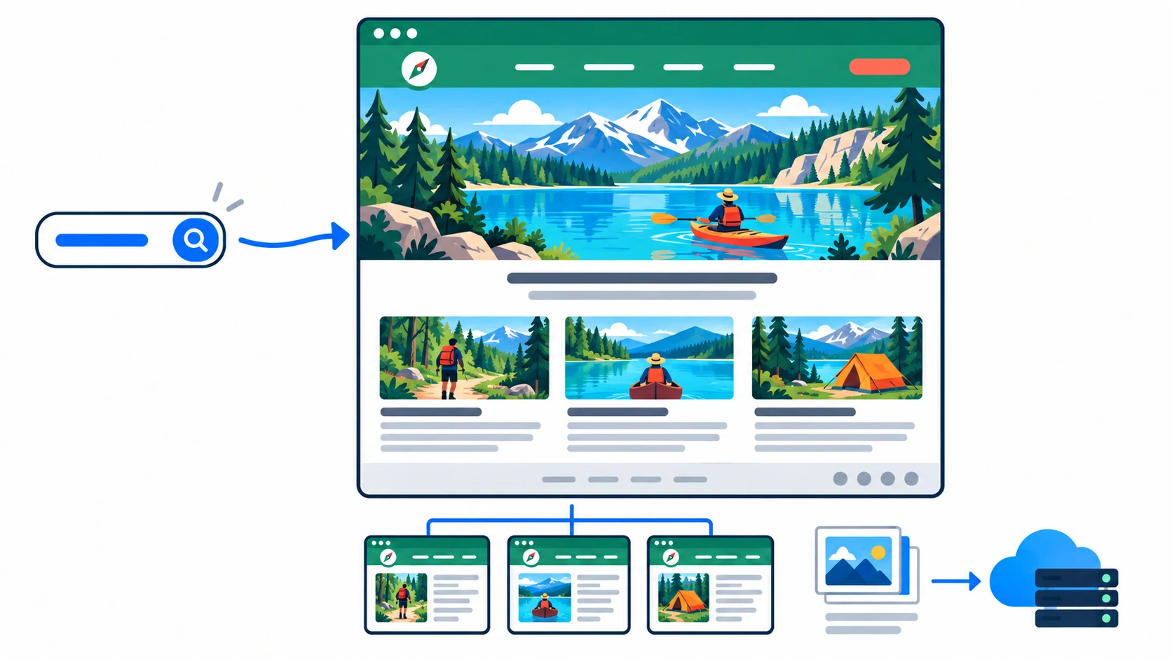 One keyword becomes a complete topical website with illustrated articles, site structure and hosting
