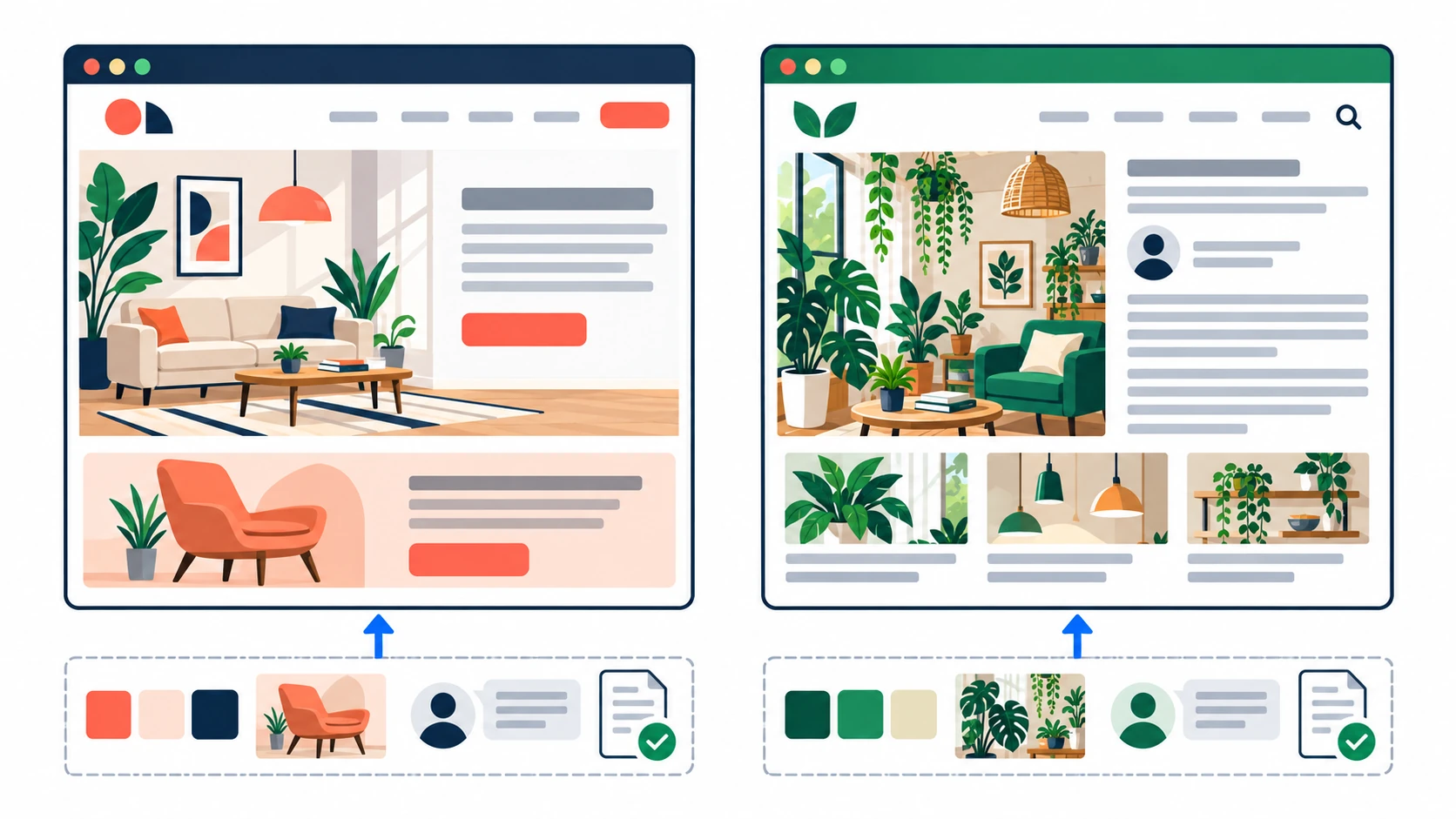 Two different editorial identities with brand colours, author styles and commercial banners