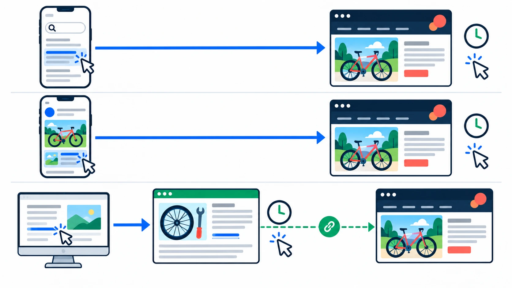Organic search visits, social-source visits, and visits to backlink-source pages shown as three distinct campaign routes