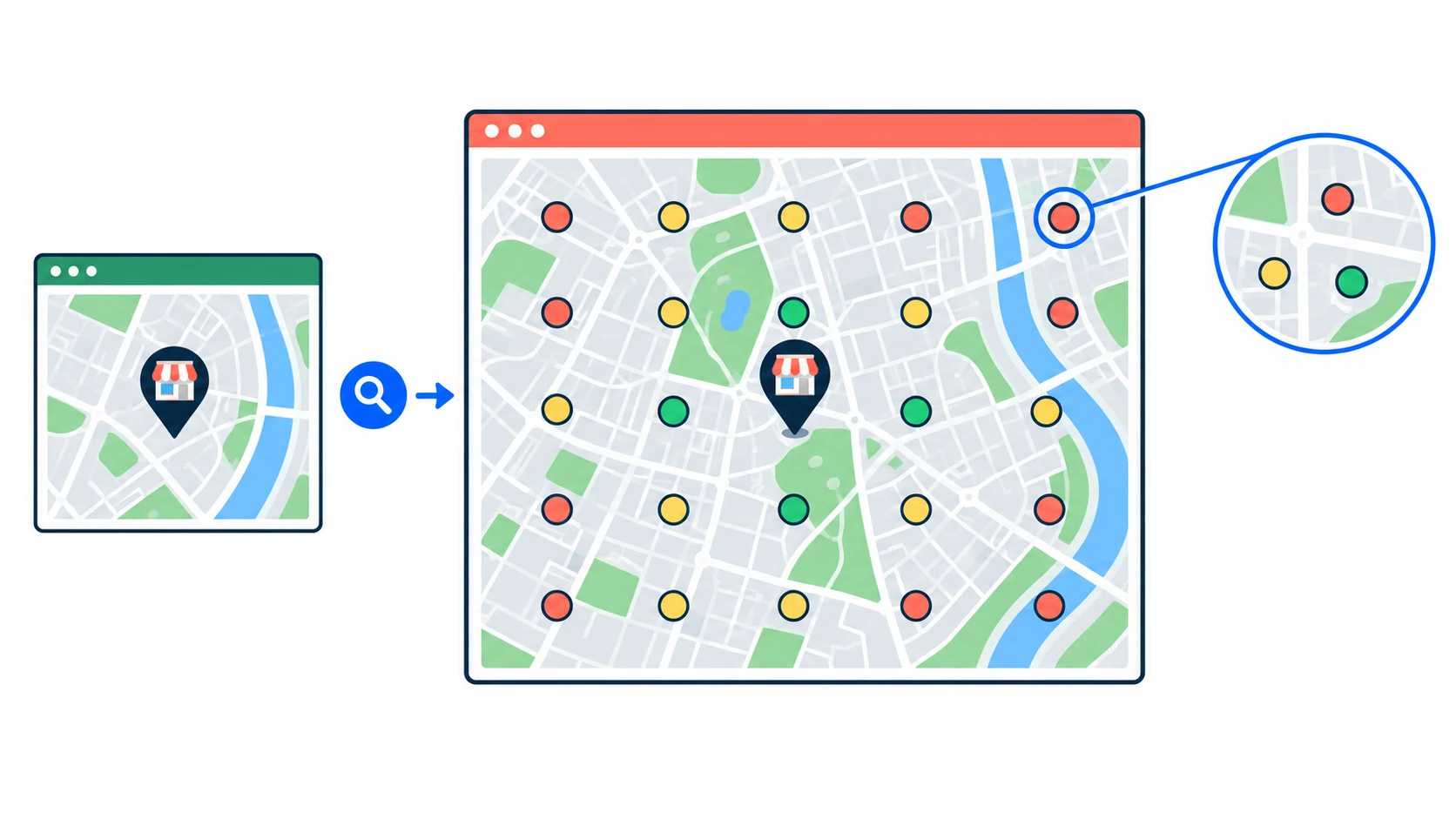 A local map with visibility varying across neighborhoods rather than one overall ranking point