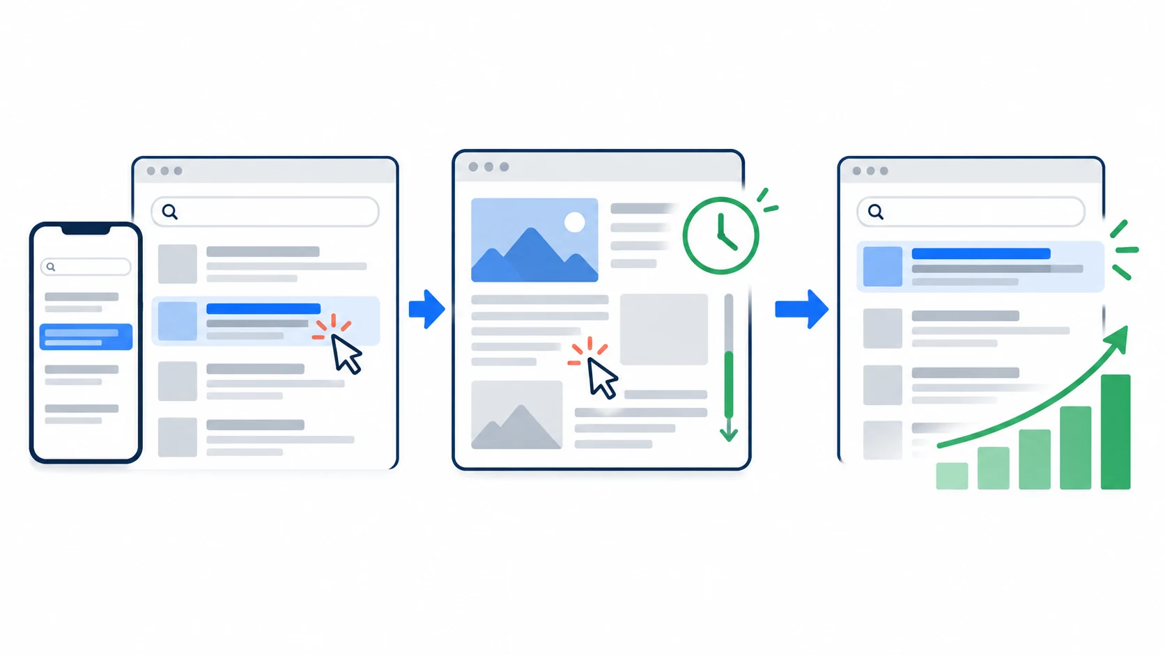 Conceptual illustration of search clicks, page engagement and reinforced search visibility without numerical performance claims